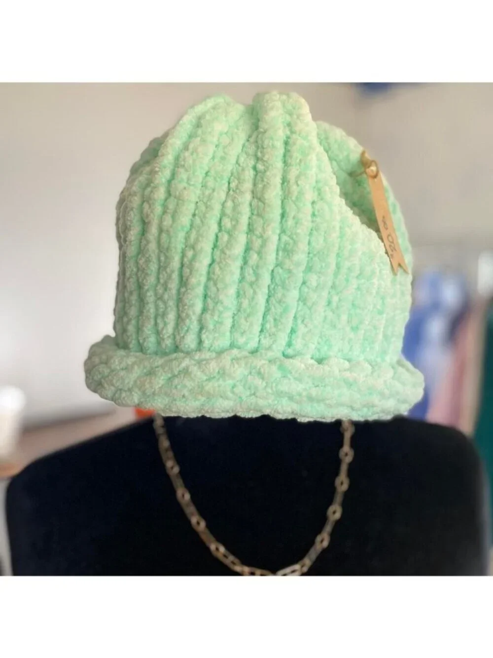 Handmade Mint Green Messy Bun Stocking Cap